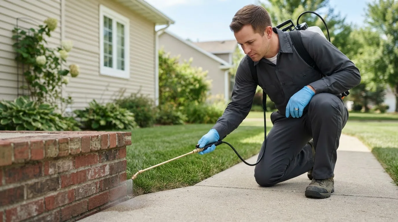 Pest control technician treating a home near Swan River, MN